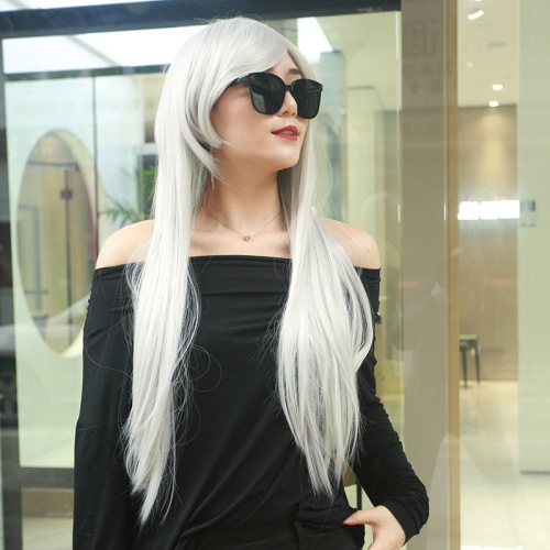 feifei wig anime wig cos white long straight hair oblique bangs new factory direct one-piece delivery