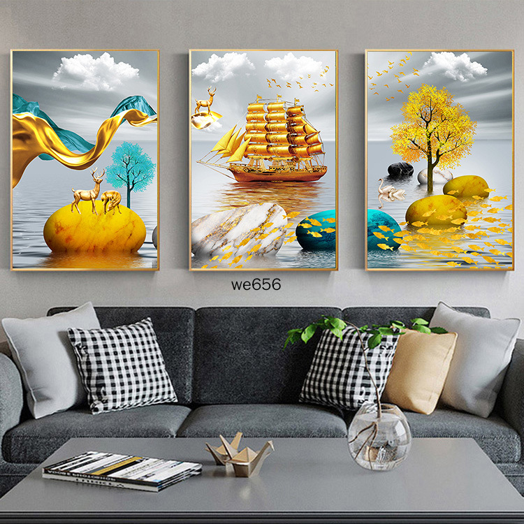 镶钻晶瓷画客厅装饰画三联画简约现代轻奢挂画欧式壁画沙发背景墙