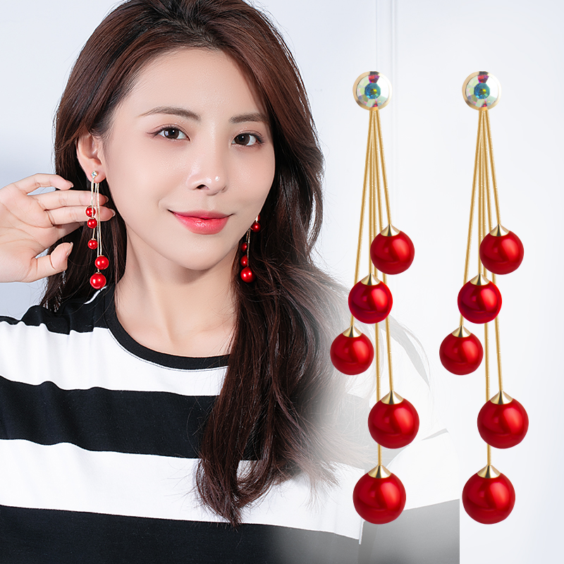 1款2戴珍珠流水耳环新娘结婚用耳坠婚纱礼服耳环厂家直销红色珍珠