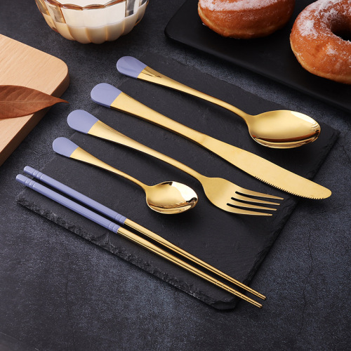 1010 Titanium-Plated Tableware Set Creative Spray Paint Stainless Steel Knife and Forks Knife， Fork and Spoon Pieces Hot Sale Color Western Food Knife， Fork and Spoon