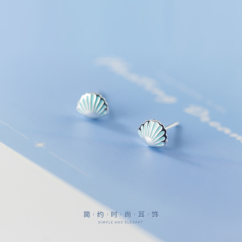 S925银耳钉森系清新蓝色小贝壳耳钉可爱创意学生甜美韩版耳饰银针
