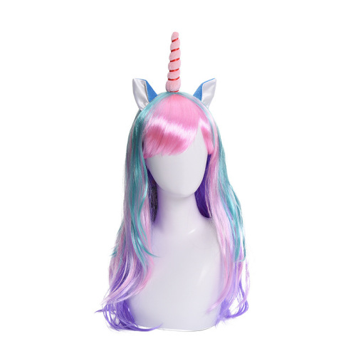 Amazon Hot Selling Unicorn European and American Style Wig Birthday Party Colorful Cos Wig Head Long Curly Hair Factory Direct Sales