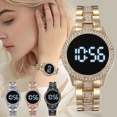 Foreign Trade Hot Sale Double Row Diamond Men's and Women's Waterproof LED Electronic Watch European and American Men's Suit Large Disc Watch Wholesale