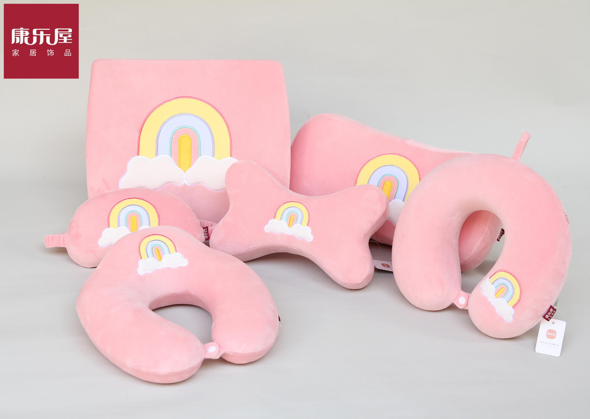 厂家直销 弹力超柔彩虹系列车用U型枕腰靠多用枕套装 礼品礼物