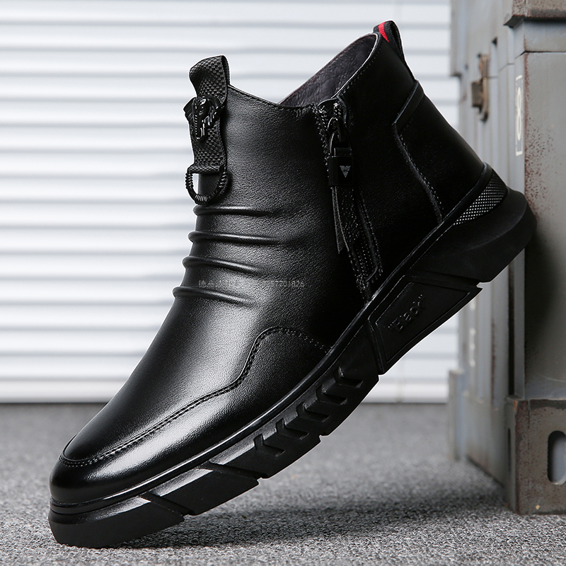 男鞋高帮靴子韩版潮流休闲鞋秋冬季真皮皮靴中帮男士鞋子马丁靴男