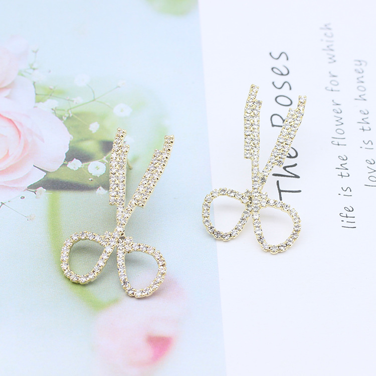 韩国s925耳环电镀真金创意款耳饰水钻镶钻长款耳钉剪刀造型饰品女