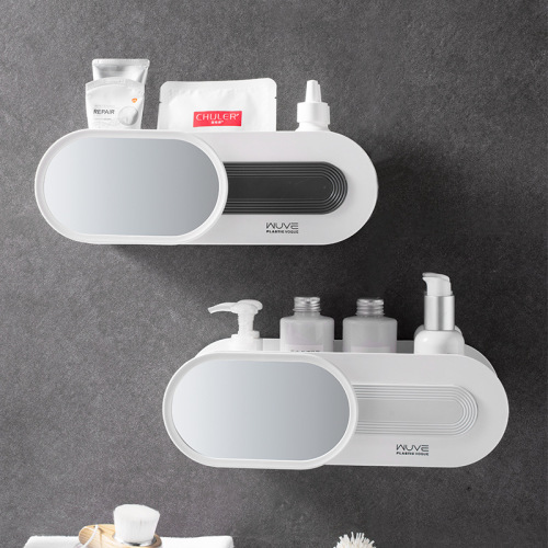 Innovative Wuwei Punch-Free Wall-Mounted Storage Rack with Mirror Bathroom Multi-Functional Storage Rack Factory Direct Sales