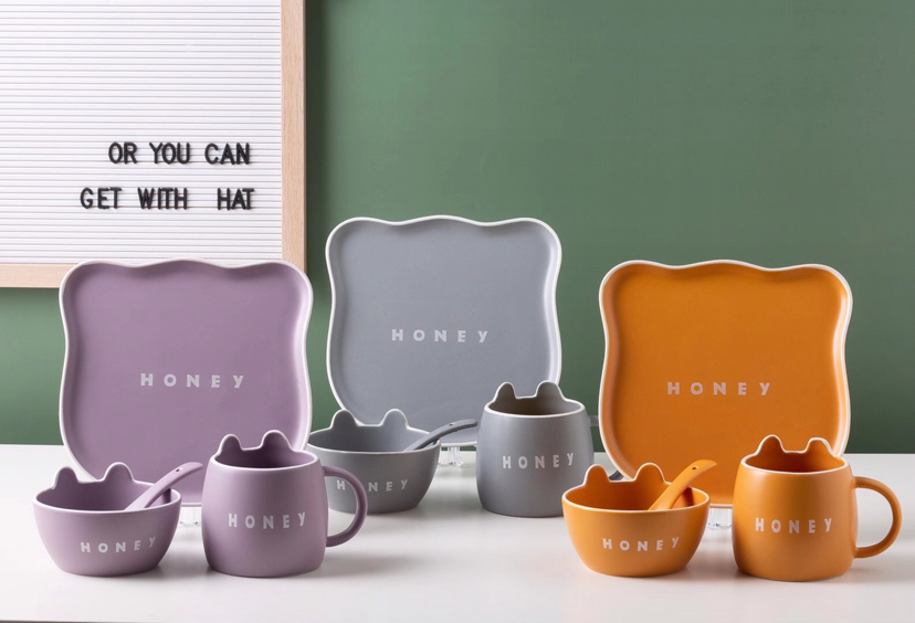 哑光色釉卡通早餐杯