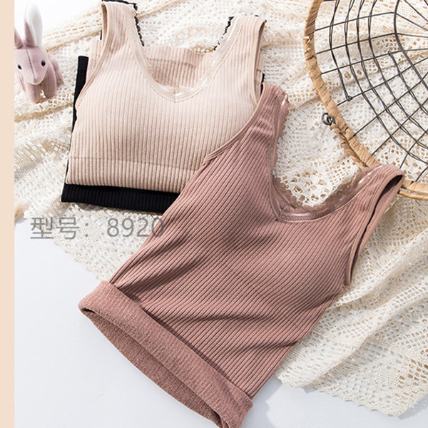 爆款秋冬双面可穿带胸垫蕾丝毛圈绒保暖背心女保暖内衣