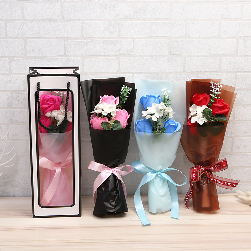 教师节三朵仿真玫瑰花花束礼盒 情人节告白永生花不枯萎香皂花