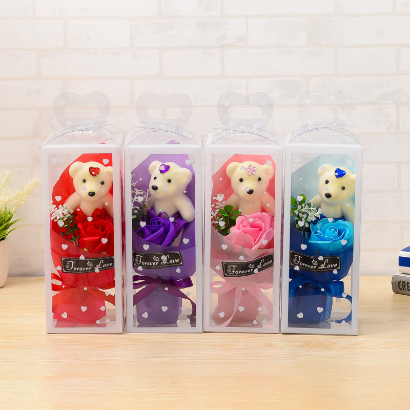 创意婚庆PVC塑料盒装香皂花礼盒蝴蝶结玫瑰仿真花束定制批发