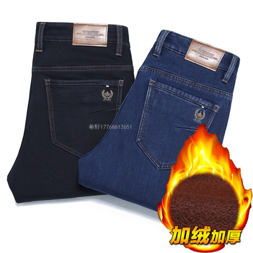 2021 autumn and winter jeans men‘s stretch slim straight men‘s jeans casual large size fleece addition denim trousers
