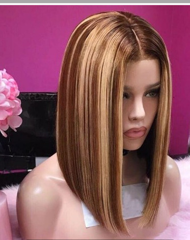 Factory Hot New Jiaf Popular European and American Women‘s Golden Wig Short Straight Hair Gradient Pick Color Medium Short Straight Hair 