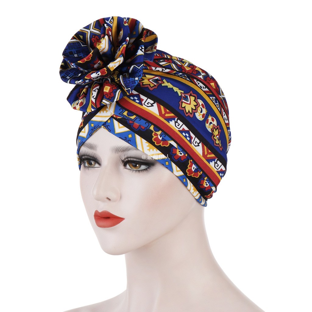 迪拜帽子春夏新款阿联酋女士头巾帽成人花色包头帽花朵印度套头帽