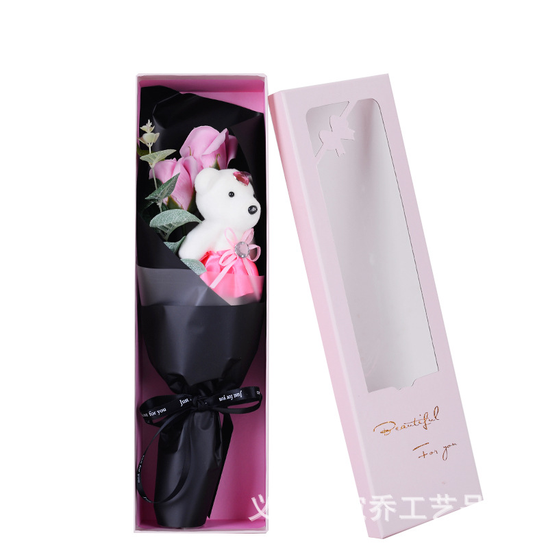 2020创意新款新奇特情人节礼物 小熊仿真玫瑰3朵香皂花礼盒装批发