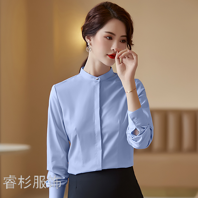 新款女士立领衬衫竹纤维抗皱亲肤柔软透气暗门襟长袖衬衣工作装批