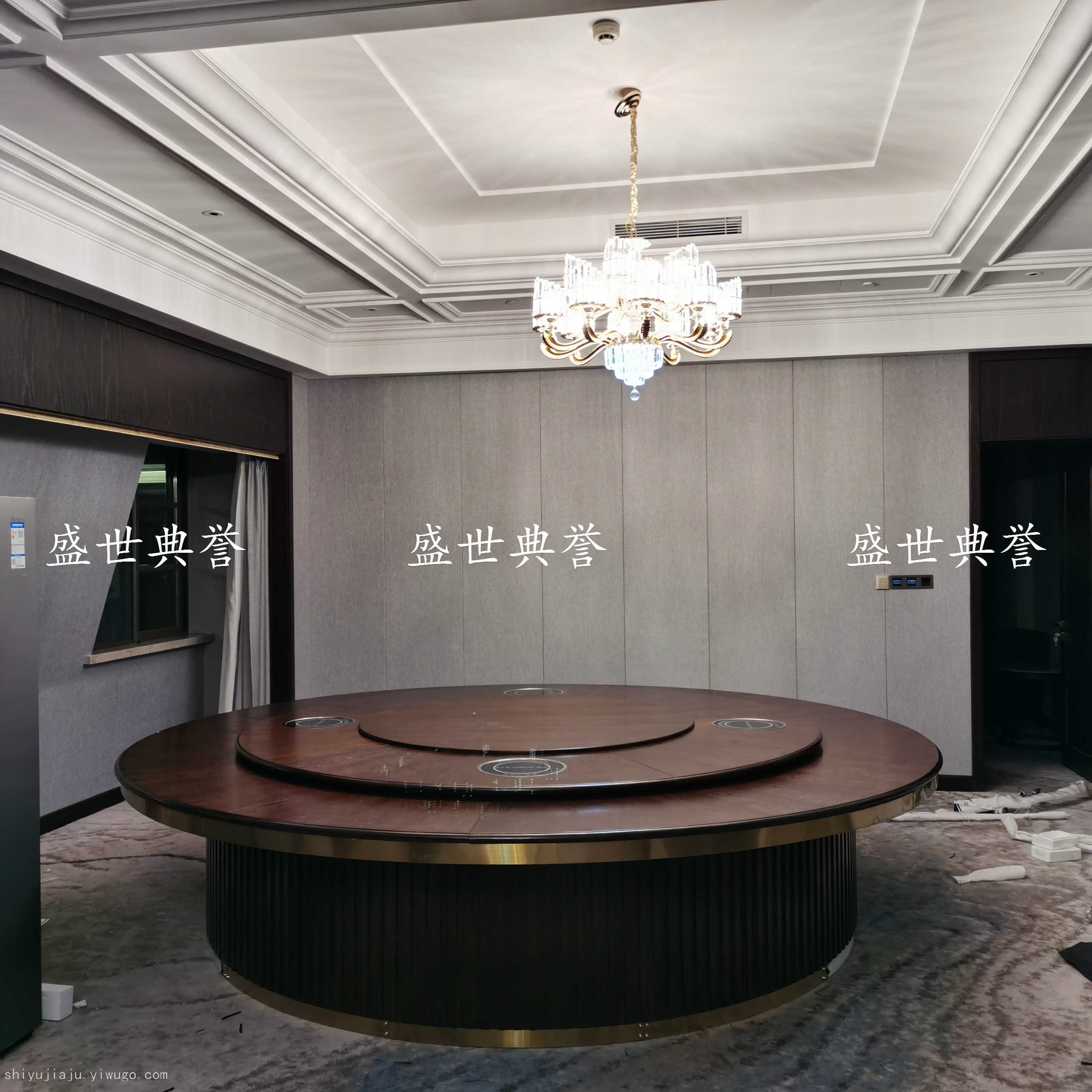 长沙五星级酒店新中式实木电动餐桌饭店包厢不锈钢包边电动桌直销