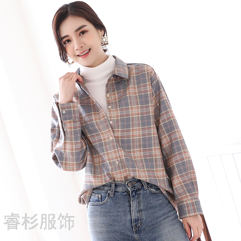 韩版2020年春季新款时尚长袖格子打底衫休闲大码显瘦百搭女士衬衫