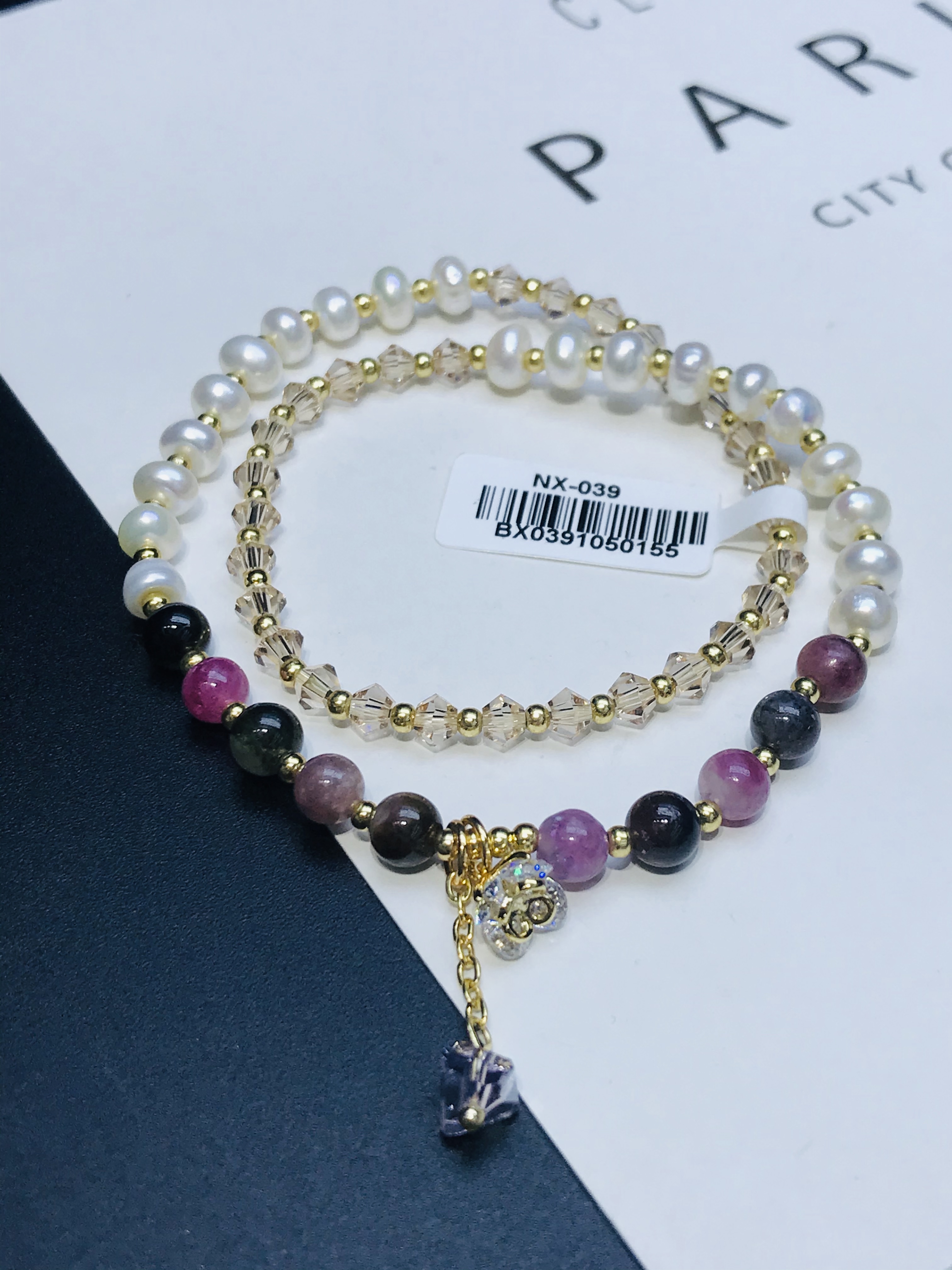 天然碧玺搭配淡水珍珠水晶手链 精致气质双圈手饰 铜体镀14K真金