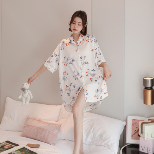 Silk Pajamas for Women Lapel Shirt Dress Japanese Style Printing Loose plus Size Pajamas Leisure Home Straight Skirt Long Sleeve Skirt