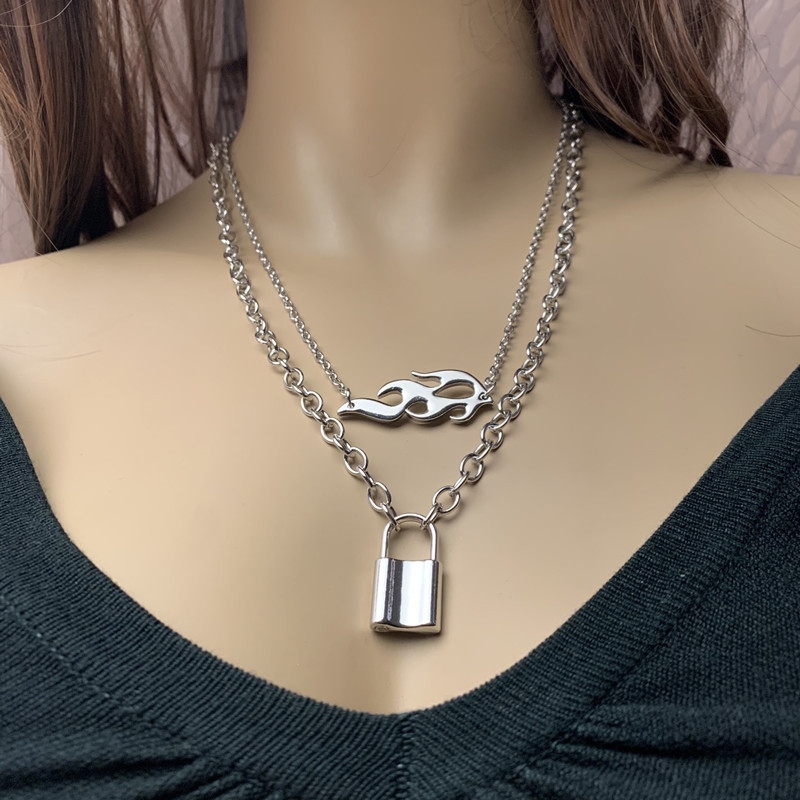 欧美流行朋克嘻哈锁+火焰双层锁骨项链 耳环 合金饰品 男女通用款