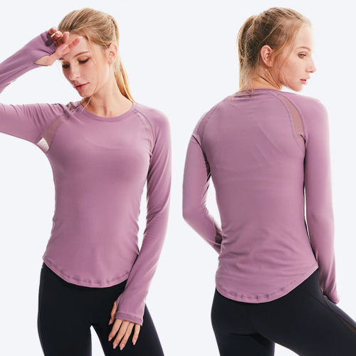 Lulu Mesh Stitching Yoga Clothes Long-Sleeved T-shirt Women‘s round with Thumb Hole Workout Yoga Top Women‘s Autumn and Winter