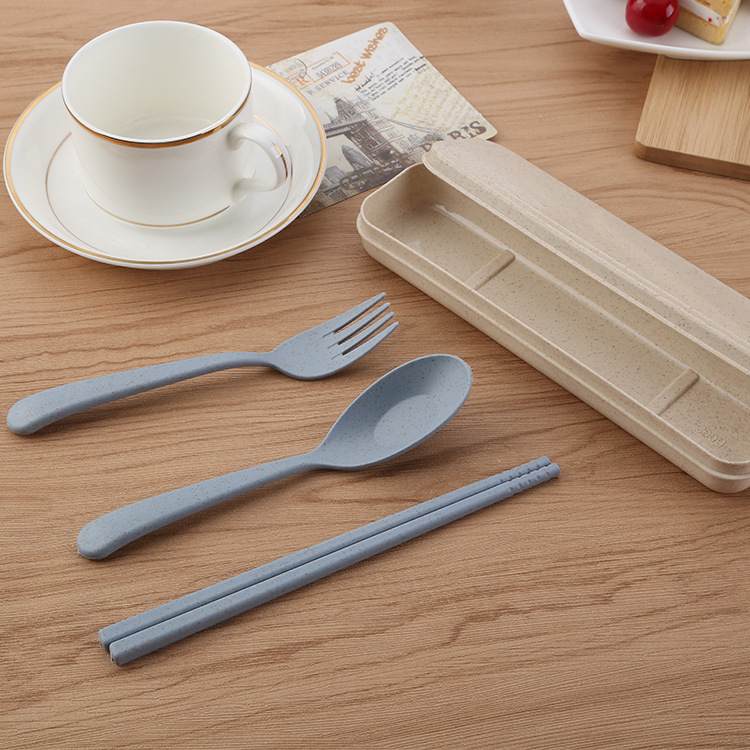 小麦秸秆餐具套装 创意儿童筷叉勺三件套 便携环保盒礼品餐具套装