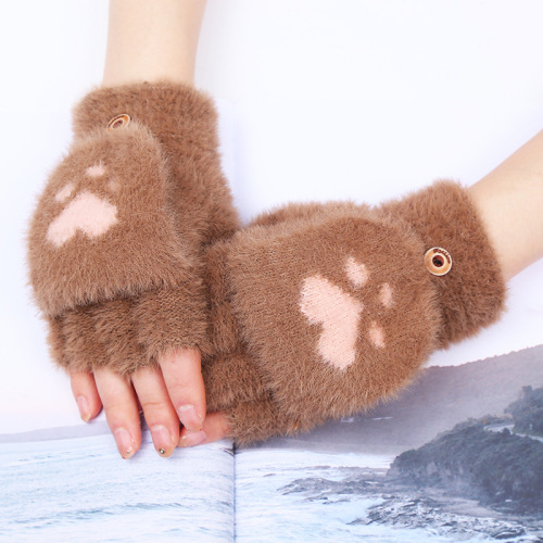students write half finger flip gloves plush cute cat claw girls open finger wool warm female winter one piece delivery