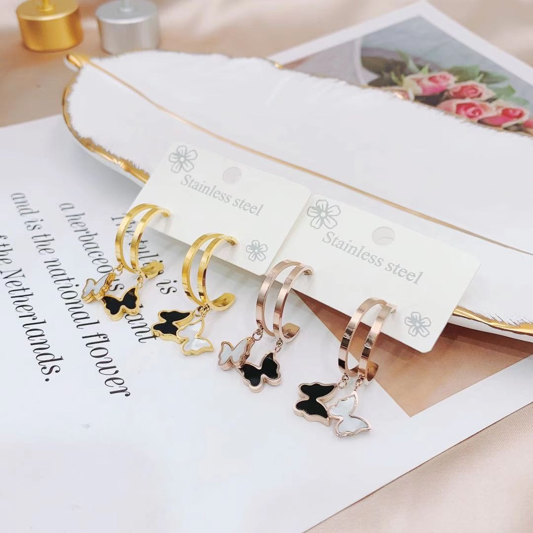 K金钛钢耳扣百搭轻奢双蝴蝶女简约百搭耳饰防过敏不掉色蝴蝶耳环