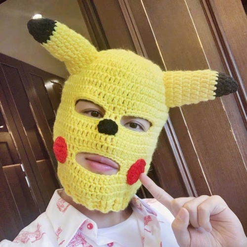 TikTok Same Style than Pikachu Head Cover Sand Carving Special Mask Wool Hat Green Cute Funny Funny