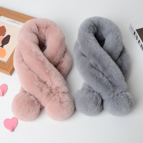 imitation rex rabbit fur scarf women‘s autumn and winter warm fur imitation fur solid color scarf plush two-tube fur ball scarf thick