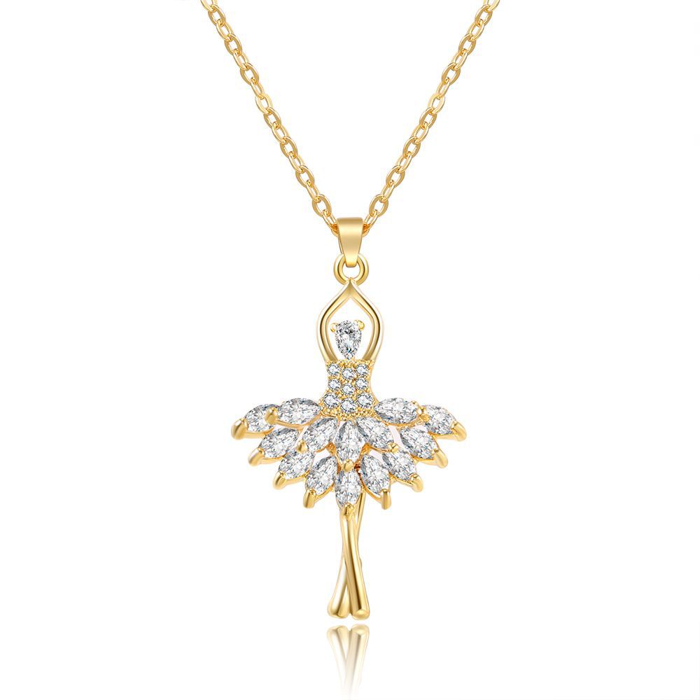 跨境专供芭蕾女孩项链s925纯银吊坠真金电镀锁骨链镶嵌锆石毛衣链