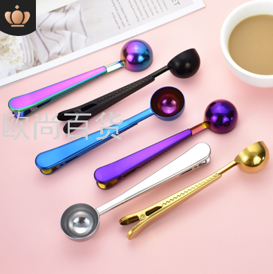 430 Stainless Steel Multifunctional Coffee Measuring Spoon with Clip Sealing Clip Kitchen Tools Ice-Cream Spoon Tea Formula Milk Powder Spoon