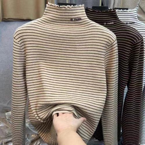 double-sided velvet cationic striped bottoming shirt women‘s half-turtleneck autumn and winter 2020 new slim fit women‘s t-shirt