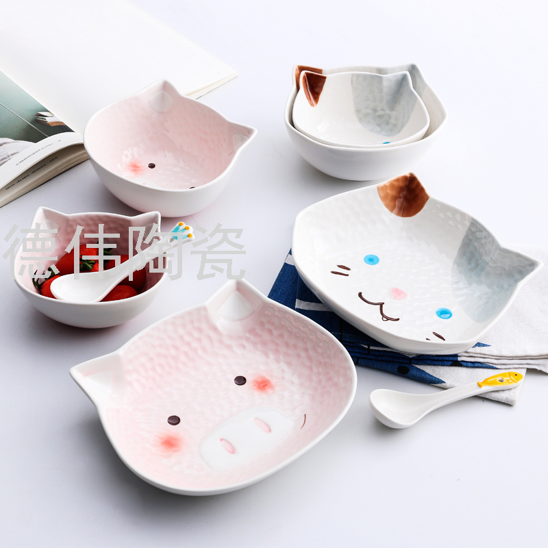 日式少女碗碟餐具套装可爱碗家用早餐盘子小猪陶瓷沙拉碗米饭碗