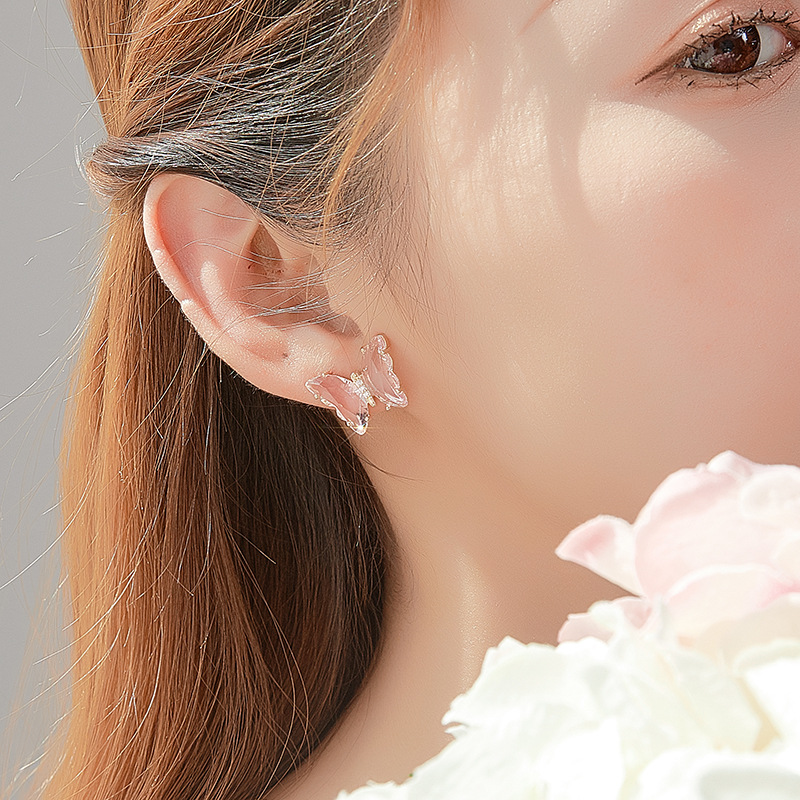 蝴蝶耳钉女 夏季爆款透亮超仙耳饰 紫色玻璃水晶耳环