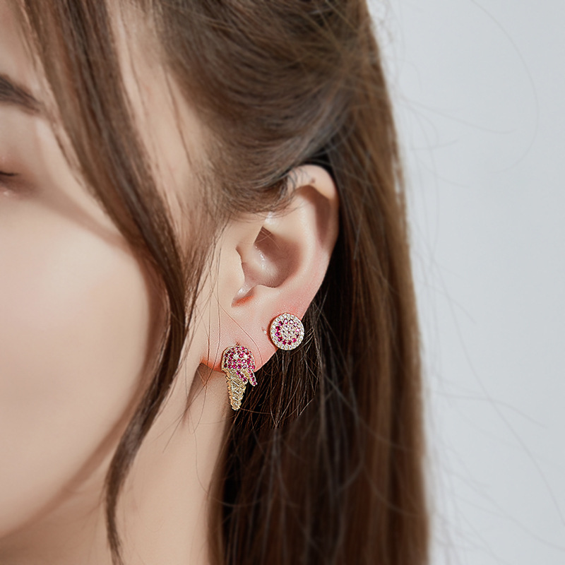 s925银针镶钻锆石冰淇淋耳针耳环简约小清新时尚百搭耳钉耳坠耳饰