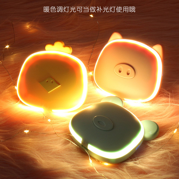 小猪暖手宝便携电热饼学生随身迷你暖手宝美妆镜带灯卡通暖手宝