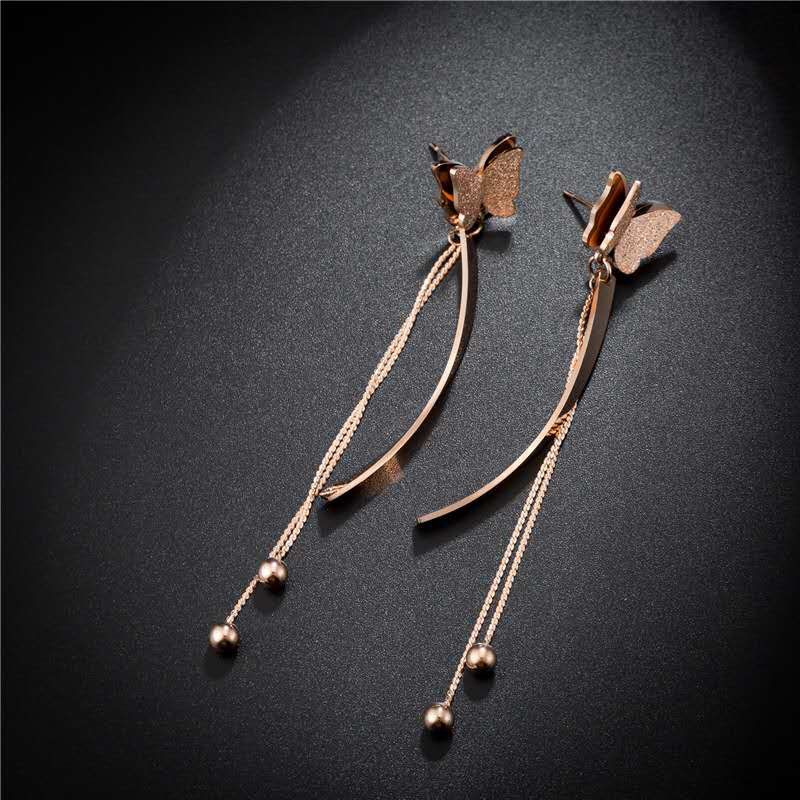 创意金色钛钢耳钉女 超长款耳饰 蝴蝶旋转流苏耳坠韩版耳环批发