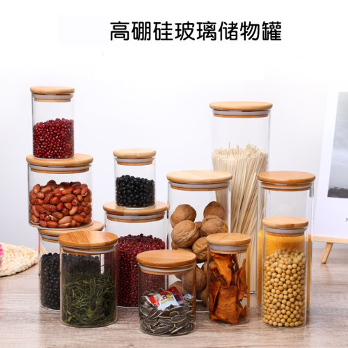 Bamboo Cover Glass Sealed Jar Storage Jar Heat-Resistant Glass Storage Bottle Household Tea Jar Dried Fruit Grains Sealed Jar