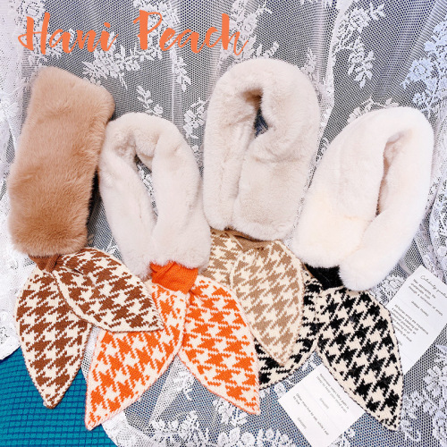 n433 korean sister oni temperament knitted houndstooth stripe style imitation rex rabbit fur cross scarf