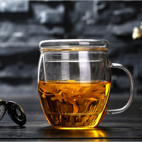 heat-resistant glass three-piece cup household filter flower tea cup with lid waist drum cup office glass flower tea tea cup