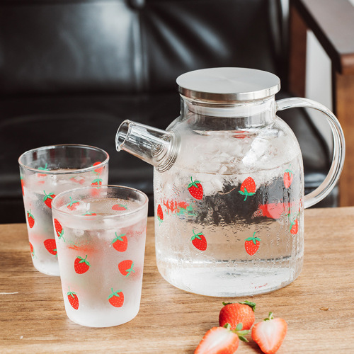 Heat-Resistant Glass Cold Water Bottle Stainless Steel Cover Strawberry Pot Household Juice Drink Pot Large Capacity Juice Pot Set