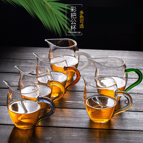 Heat-Resistant Glass Fair Cup Color Handle Glass Fair Cup Kung Fu Tea Set Tea Serving Pot Fair Mug Household Fair Cup