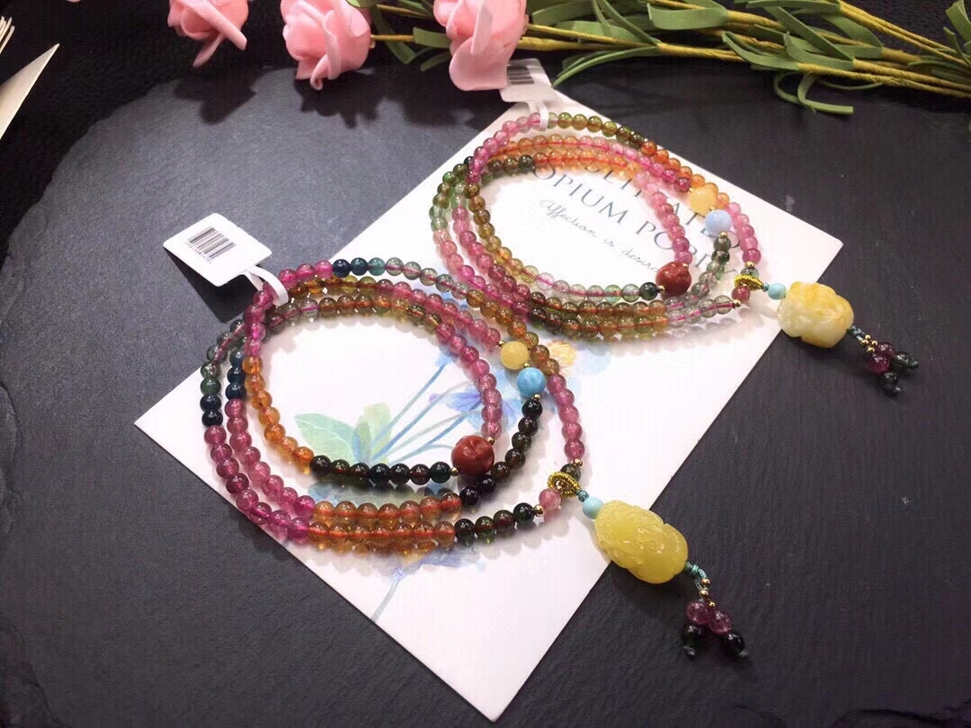 天然碧玺DIY多圈手链 色彩鲜艳 时尚女士手链 蜜蜡 南红搭配