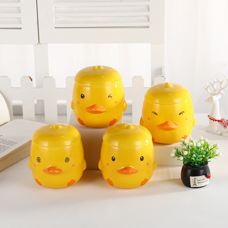 唯格创意可爱卡通小萌鸭陶瓷马克杯带盖子家用水杯陶瓷杯批发