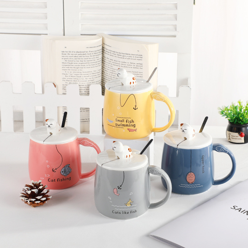 唯格2020新款创意小猫钓鱼陶瓷马克杯 客厅房间办公室家用喝水杯