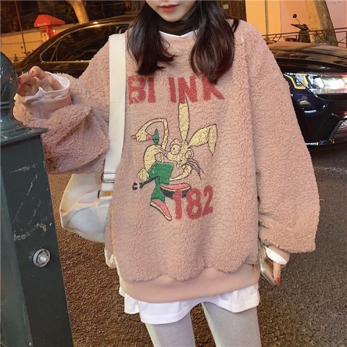 winter faux lamb wool sweater women‘s new round pullover printed korean style loose plush women‘s long-sleeved t-shirt