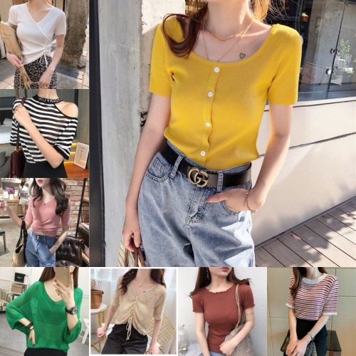Foreign Trade Tail Goods Korean Style Women‘s Knitted Short-Sleeved Stall Summer Women‘s Half-Sleeved Bottoming Shirt Cross-Border Supply Factory Wholesale