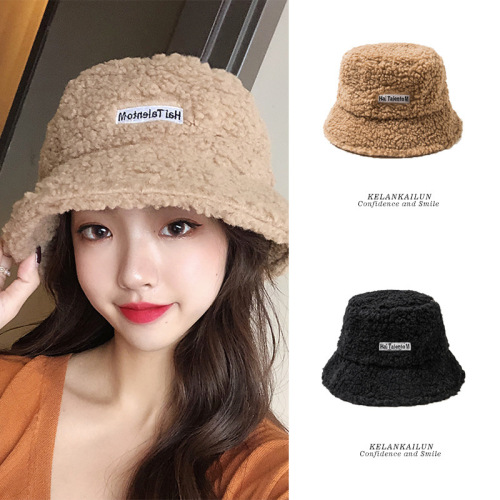 korean style hat women‘s autumn and winter lambswool letter labeling fisherman hat japanese style versatile retro student warm basin hat